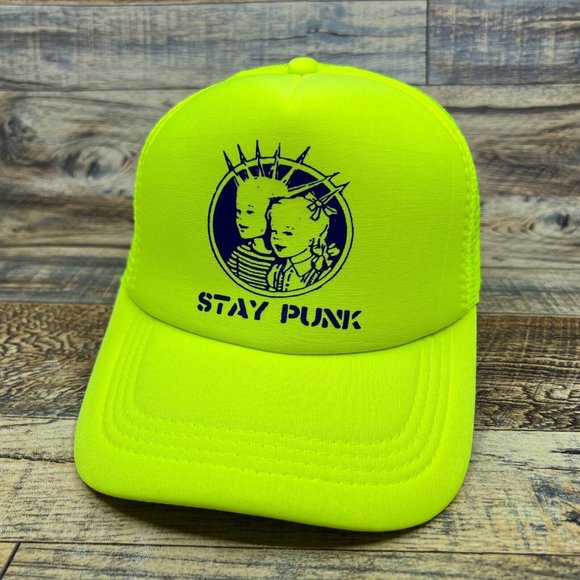 Stay Punk Mens Trucker Hat Neon Yellow Snapback Thrash Death Metal Baseball Cap - Picture 1 of 8